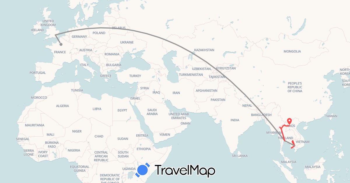 TravelMap itinerary: plane, hiking in France, United Kingdom, Cambodia, Laos, Thailand (Asia, Europe)